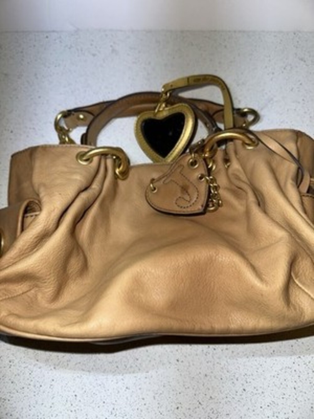 Vintage Juicy Couture Brown Leather Bag Hold Chain Straps Purse Charms Y2K